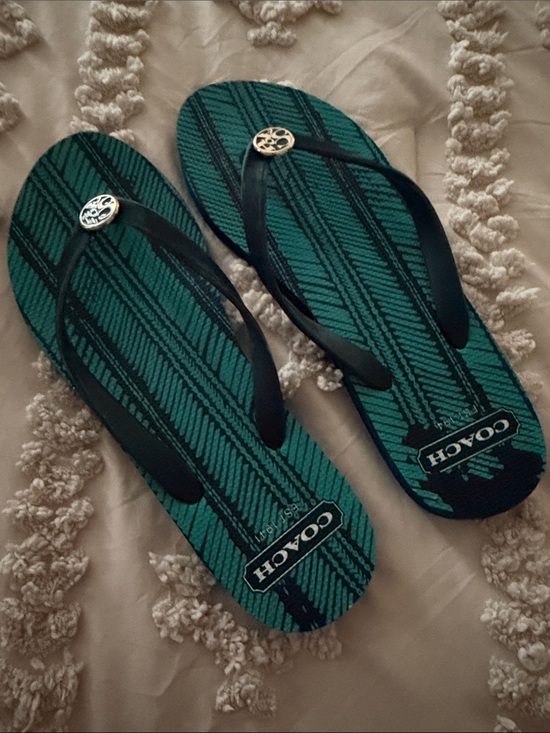 Coach Shoes - Coach Green and Black Striped Logo Flip Flops Sz 9 Women’s Sandals